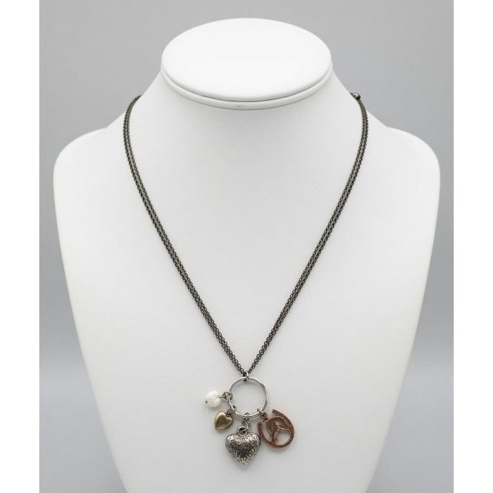925 Sterling Multi Charm Necklace Horseshoe Horse Heart Pearl Oxidized Chain